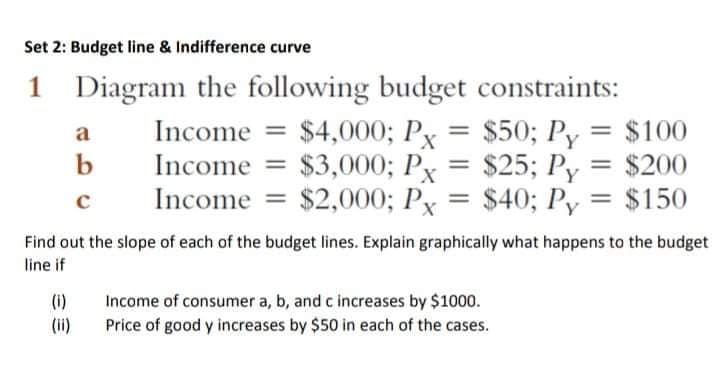 Set 2: Budget line & Indifference curve
1
Diagram the following budget constraints:
$4,000; Px
$3,000;B Рx
$2,000; Px
Income
%3D
X
$50; Py
= $100
a
b
$25; Py = $200
$40; Py = $150
Income =
Income
%3D
%3D
Find out the slope of each of the budget lines. Explain graphically what happens to the budget
line if
(i)
(ii)
Income of consumer a, b, and c increases by $1000.
Price of good y increases by $50 in each of the cases.
