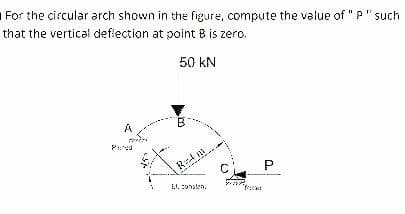 For the circular arch shown in the figure, compute the value of "P " such
that the vertical defiection at point B is zero.
50 kN
A
P
.1. onsen.
