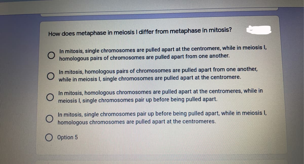 How does metaphase in meiosis I differ from metaphase in mitosis?
In mitosis, single chromosomes are pulled apart at the centromere, while in meiosis I,
homologous pairs of chromosomes are pulled apart from one another.
In mitosis, homologous pairs of chromosomes are pulled apart from one another,
while in meiosis I, single chromosomes are pulled apart at the centromere.
In mitosis, homologous chromosomes are pulled apart at the centromeres, while in
meiosis I, single chromosomes pair up before being pulled apart.
In mitosis, single chromosomes pair up before being pulled apart, while in meiosis I,
homologous chromosomes are pulled apart at the centromeres.
O Option 5
