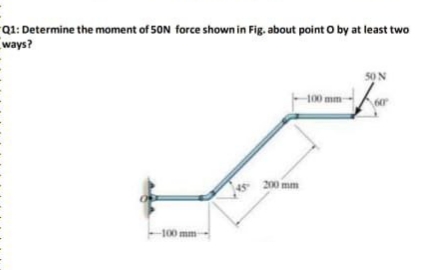 Q1: Determine the moment of 50N force shown in Fig. about point O by at least two
ways?
50 N
100 mm
60
200 mm
100 mm
