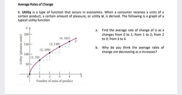 Average Rates of Change
6. Utility is a type of function that occurs in economics. When a consumer receives x units of a
certain product, a certain amount of pleasure, or utility U, is derived. The following is a graph of a
typical utility function
UA
a. Find the average rate of change of U as x
changes from 0 to 1; from 1 to 2; from 2
to 3; from 3 to 4.
200
(4, 161)
150-
(3, 138)
b. Why do you think the average rates of
change are decreasing as x increases?
(2, 109)
100-
(1, 70)
50
Number of units of product
Utility (pleasure units)
