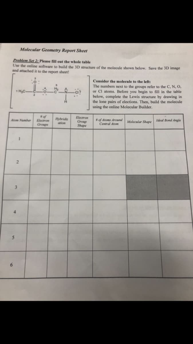 Molecular Geometry Report Sheet
Problem Set 2: Please fill out the whole table
Use the online software to build the 3D structure of the molecule shown below. Save the 3D image
and attached it to the report sheet!
Consider the molecule to the left:
The numbers next to the groups refer to the C, N, O,
or Cl atoms. Before you begin to fill in the table
below, complete the Lewis structure by drawing in
the lone pairs of elections. Then, build the molecule
1 H,C
using the online Molecular Builder.
of
Electron
Groups
Electron
Group
Shape
Hybridiz
# of Atoms Around
Central Atom
Atom Number
ation
Molecular Shape Ideal Bond Angle
3.
5
4)
