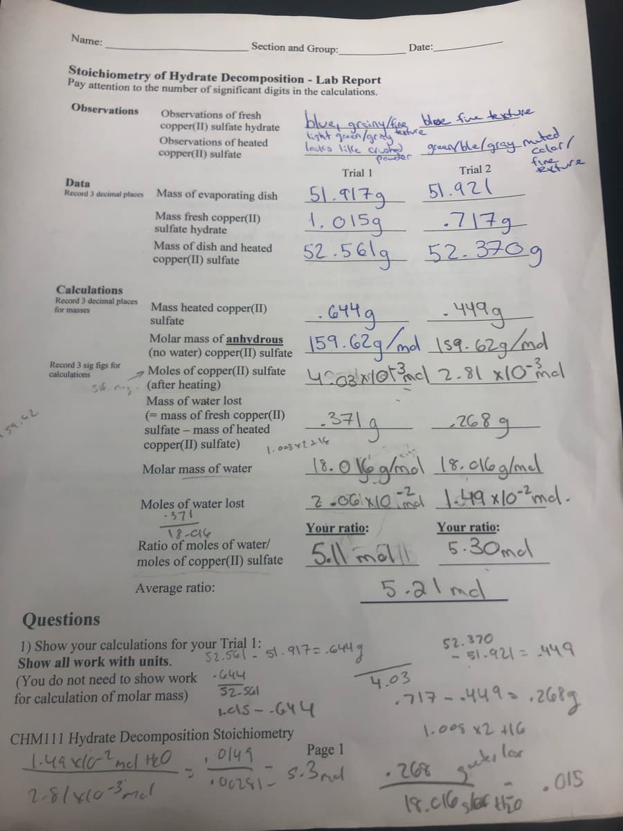 Name:
Section and Group:
Date:
Stoichiometry of Hydrate Decomposition - Lab Report
Pay attention to the number of significant digits in the calculations.
Observations
blue, griny/fne blese fue texture
sture
Observations of fresh
copper(II) sulfate hydrate
geanrble/gray.mted
celer /
ight graen/grady
Observations of heated
copper(II) sulfate
locks lilke ched
pouder
Trial 1
Trial 2
Data
Record 3 decimal places
51.917g
51.921
Mass of evaporating dish
Mass fresh copper(II)
sulfate hydrate
1,015g
-717g
Mass of dish and heated
52.561g 52.3709
copper(II) sulfate
Calculations
Record 3 decimal places
for masses
- 449g
Molar mas of anhudrus 59.629/ml 159. 62g/md
Mass heated copper(II)
sulfate
Molar mass of anhydrous
(no water) copper(II) sulfate
Record 3 sig figs for
calculations
Moles of copper(II) sulfate
(after heating)
Mass of water lost
(= mass of fresh copper(II)
sulfate – mass of heated
59.42
copper(II) sulfate)
18.0 Ve ghol 18.016 glmdl
Molar mass of water
-2
nd
Moles of water lost
371
T8-a4
Ratio of moles of water/
moles of copper(II) sulfate
Your ratio:
Your ratio:
5.30ml
5.11 métll
5-21 mdl
Average ratio:
Questions
1) Show your calculations for your Trial 1:
Show all work with units.
52.370
- 51.921=449
52.5af :' st.91구= .G44 9
(You do not need to show work -444
for calculation of molar mass)
4.03
.717-.449
32-SGl
LelS - -G44
1.008 x2 416
CHM111 Hydrate Decomposition Stoichiometry
Page 1
이141
1.49 xl02mcl HO
2-8/x103mcl
5.3nl
268
. O15
18.016 glar thio
