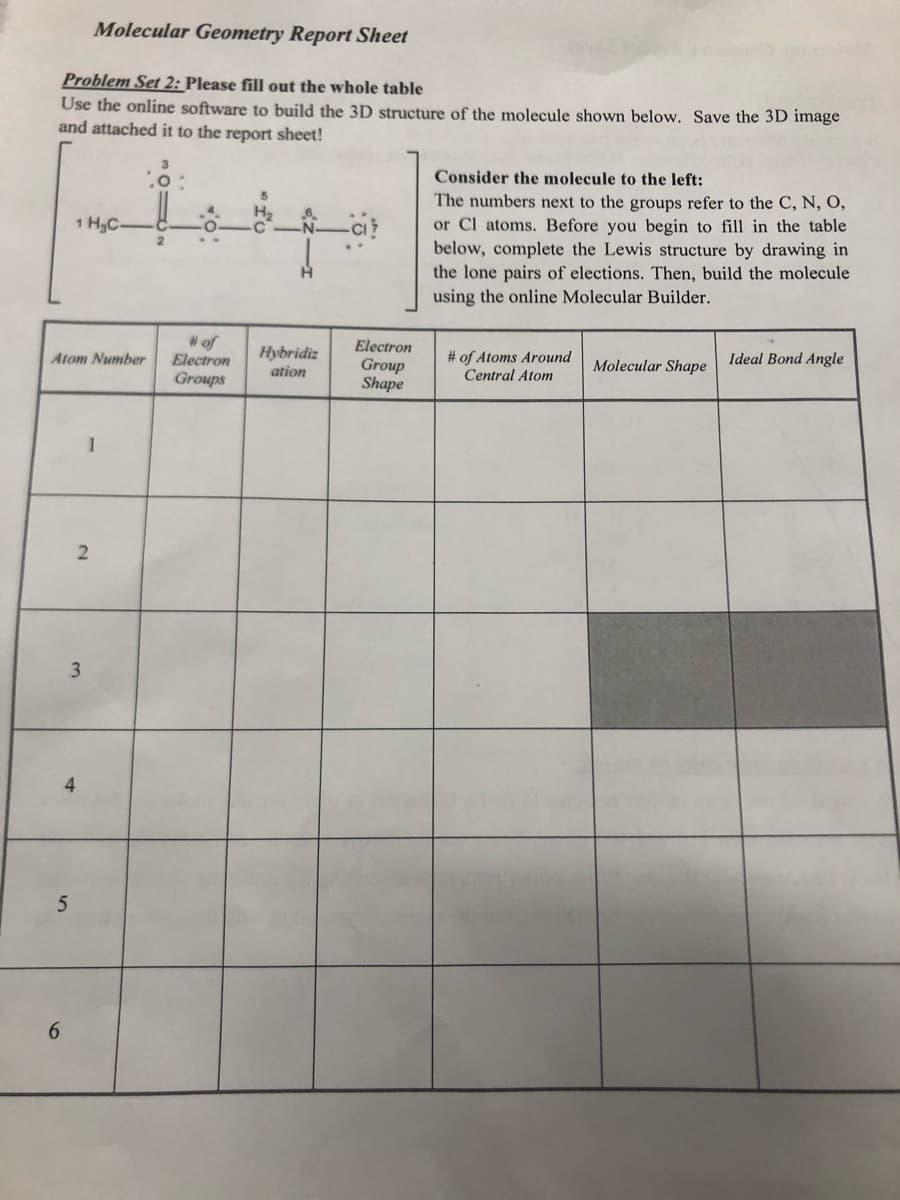 Molecular Geometry Report Sheet
Problem Set 2: Please fill out the whole table
Use the online software to build the 3D structure of the molecule shown below. Save the 3D image
and attached it to the report sheet!
Consider the molecule to the left:
The numbers next to the groups refer to the C, N, O,
or Cl atoms. Before you begin to fill in the table
below, complete the Lewis structure by drawing in
the lone pairs of elections. Then, build the molecule
using the online Molecular Builder.
1 H3C
# of
Electron
Electron
Group
Shape
Hybridiz
# of Atoms Around
Central Atom
Atom Number
Molecular Shape
Ideal Bond Angle
ation
Groups
3.
4.
6.
