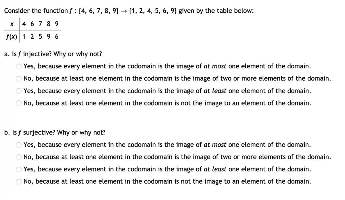 Consider the function ƒ : {4, 6, 7, 8, 9} → {1, 2, 4, 5, 6, 9} given by the table below:
4 6 7 8 9
f(x) 1 2 596
X
a. Is f injective? Why or why not?
Yes, because every element in the codomain is the image of at most one element of the domain.
O No, because at least one element in the codomain is the image of two or more elements of the domain.
Yes, because every element in the codomain is the image of at least one element of the domain.
No, because at least one element in the codomain is not the image to an element of the domain.
b. Is f surjective? Why or why not?
Yes, because every element in the codomain is the image of at most one element of the domain.
No, because at least one element in the codomain is the image of two or more elements of the domain.
Yes, because every element in the codomain is the image of at least one element of the domain.
No, because at least one element in the codomain is not the image to an element of the domain.
0000