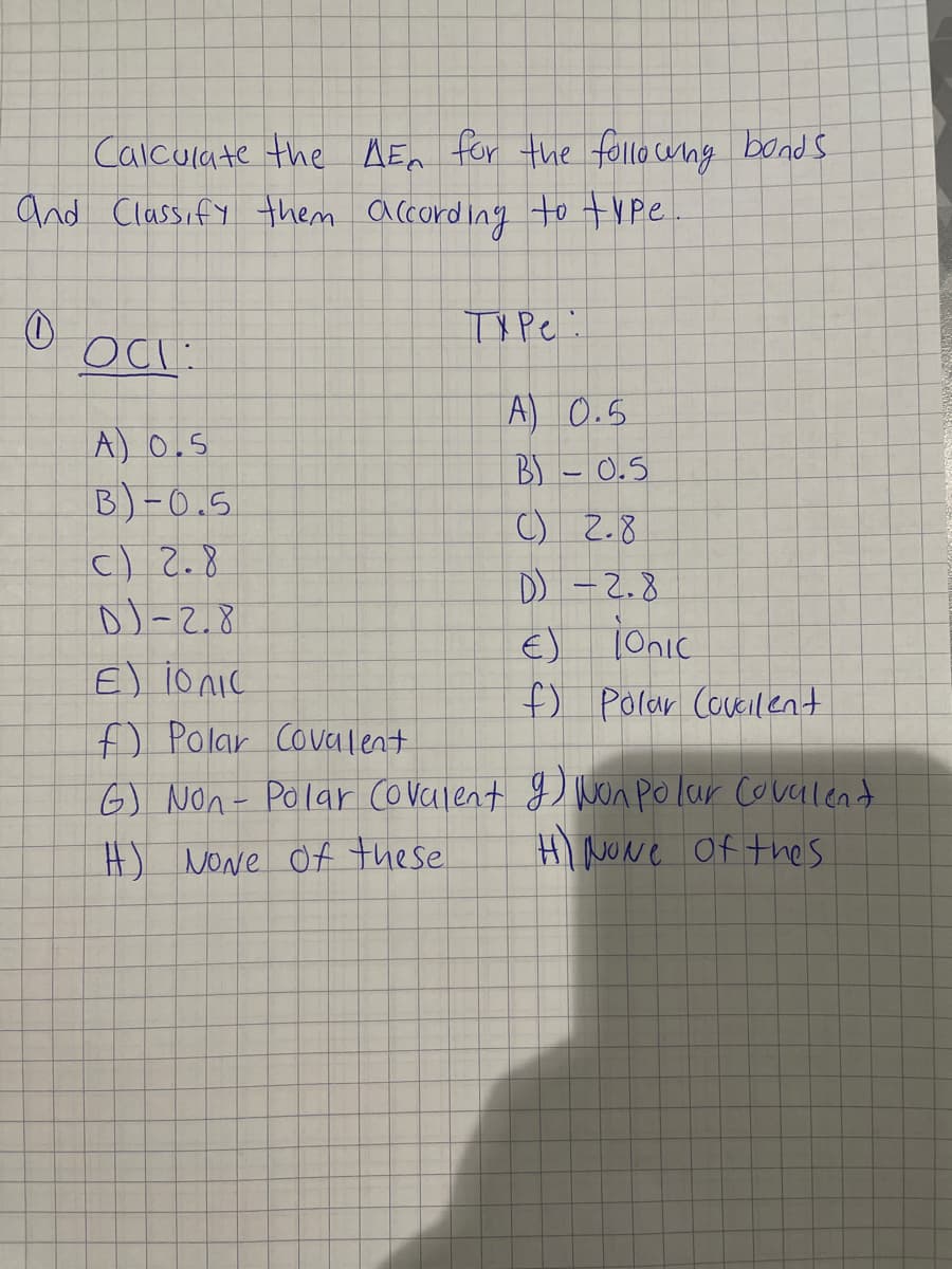 Calculate the AEn for the fllo wng bonds
and Classify them accordingy to +VPE
OCI:
A) 0.5
A) 0,5
B) - 0.5
B)-0.5
C) Z.8
C) 2.8
D -2.8
€)
TOnic
E) lo nic
f) Polar Covalent
6) Non- Polar covalent g) Wxn polur coverlen t
f) Porar Coveilent
H) NONe Of these
HI NUNE Of thes

