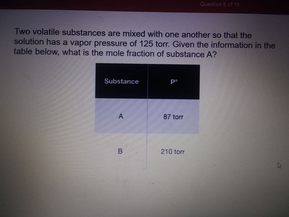 Question 8 of 19
Two volatile substances are mixed with one another so that the
solution has a vapor pressure of 125 torr. Given the information in the
table below, what is the mole fraction of substance A?
Substance
po
87 torr
210 torr
