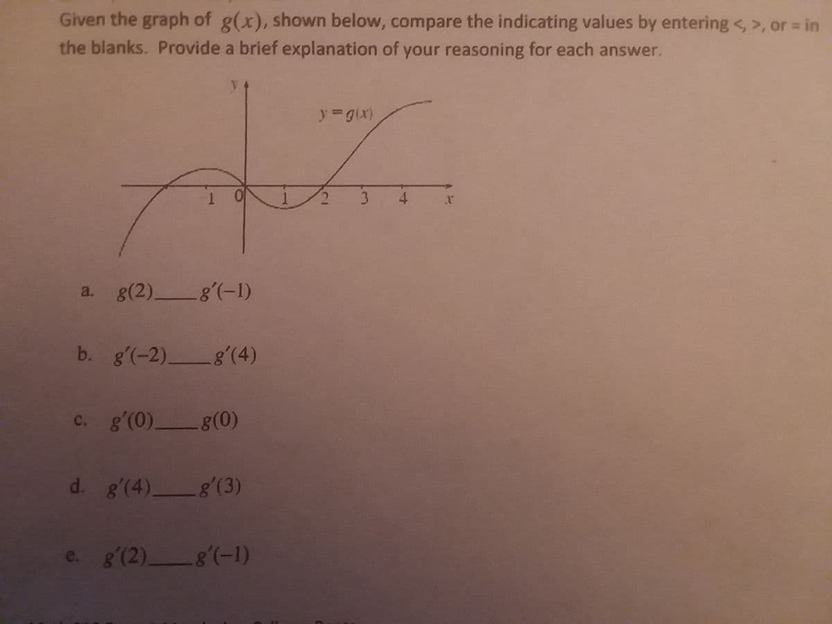 Given the graph of g(x), shown below, compare the indicating values by entering<,>, or in
the blanks. Provide a brief explanation of your reasoning for each answer.
y g(x)
1 0
1
2 3 4
a. g(2) g'(-1)
b. g'(-2) g'(4)
c. g'(0) g(0)
d. g'(4) g'(3)
e. g'(2)g'(-1)

