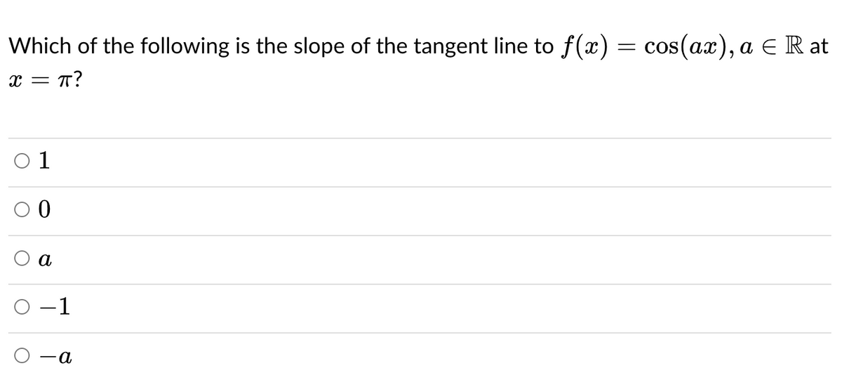 Which of the following is the slope of the tangent line to f(x) = cos(ax), a E R at
х — п?
O 1
Оа
-1
а
