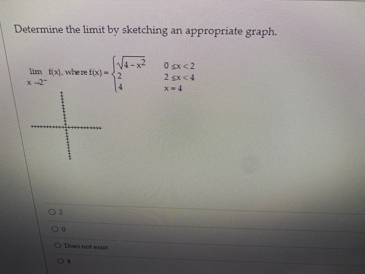 Determine the limit by sketching an appropriate graph.
WA-x2
0 cx<2
2 sx <4
lim f(x), where f(x) =
x-2-
4.
x = 4
O Does not exist
O 4
