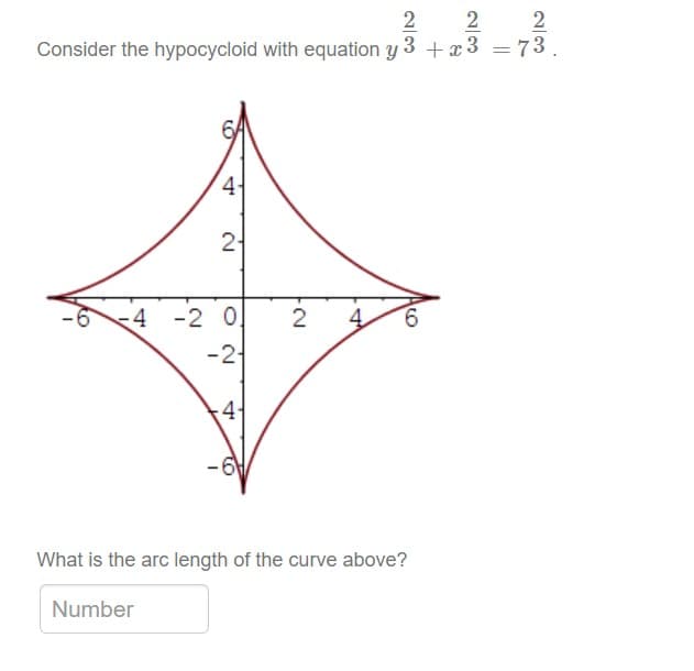2
Consider the hypocycloid with equation y 3 + x 3 = 73.
2
2-
4 -2 0
2
4.
-2
4
What is the arc length of the curve above?
Number
to
