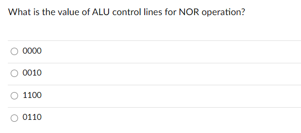 What is the value of ALU control lines for NOR operation?
0000
0010
1100
0110
