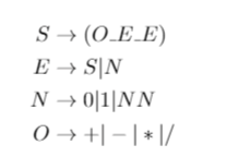 S → (O_E_E)
E → S|N
N → 0|1|NN
0 → +| – | * |/
