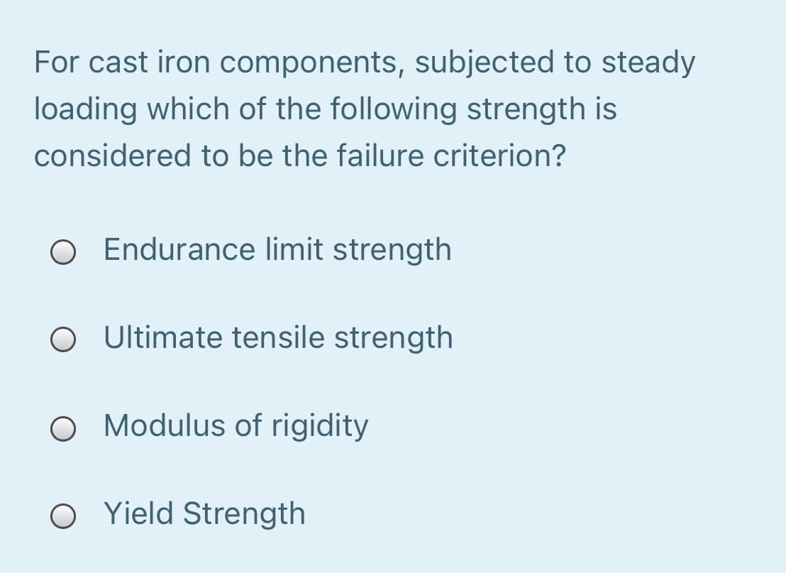 For cast iron components, subjected to steady
loading which of the following strength is
considered to be the failure criterion?
O Endurance limit strength
O Ultimate tensile strength
O Modulus of rigidity
O Yield Strength
