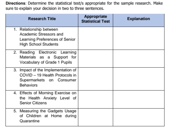 Directions: Determine the statistical test/s appropriate for the sample research. Make
sure to explain your decision in two to three sentences.
Appropriate
Statistical Test
Research Title
Explanation
1. Relationship between
Academic Stressors and
Learning Preferences of Senior
High School Students
2. Reading Electronic Learning
Materials as a Support for
Vocabulary of Grade 1 Pupils
3. Impact of the Implementation of
COVID – 19 Health Protocols in
Supermarkets on Consumer
Behaviors
4. Effects of Morning Exercise on
the Health Anxiety Level of
Senior Citizens
5. Measuring the Gadgets Usage
of Children at Home during
Quarantine
