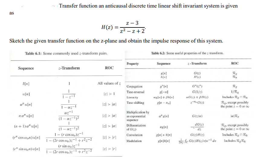 Transfer function an anticausal discrete time linear shift invariant system is given
as
z - 3
z² – z + 2'
H(z) =
Sketch the given transfer function on the z-plane and obtain the impulse response of this system.
Table 6.1: Some commonly used z-transform pairs.
Table 6.2: Some useful properties of the z-transform.
Property
Sequence
z-Transform
ROC
Sequence
z-Transform
ROC
Rg
Re
g[n]
G(2)
8[n]
1
All values of z
Conjugation
Time-reversal
g*[n]
G*(?*)
Rg
1/Rg
1
gl-n]
G(1/z)
u[n]
|z| > 1
Lican ity
uglu)+ h[u]
aG(2) + pu(2)
Includes Rg n Rn
gln - no)
Rig, except possibly
the point z =0 or oo
Time-shifting
a" u[n]
|z| > la|
|-az
az-
(1 - az-l)2
Multiplication by
an exponential
na" u[n]
|z| > la|
a" g[n]
G(z/a)
sequence
dG(2)
Rg, except possibly
the point z=0 or oo
Includes Rgn Rn
(n + 1) a" u[n]
Differentiation
ngln]
(1 – az-1)2
1- (r cos w,)z-1
1 – (2r cos w,)z-1+p2z=2
(r sin wo)z-!
1- (2r cos w)z¬l+p2==2
of G(2)
dz
Convolution
gln] h[n]
G(2)H(2)
(" cos wan)u[n]
|z| > Irl
Modulation
5 fe G(v)H(z/v}u-l du
Includes RgRA
g[n]h[n]
(r" sin won)u[n]
|z| > Ir|
