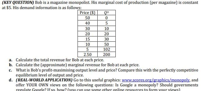 (KEY QUESTION) Bob is a magazine monopolist. His marginal cost of production (per magazine) is constant
at $5. His demand information is as follows:
Price ($)
QD
50
40
30
10
20
20
15
30
10
50
5
102
2.50
200
a. Calculate the total revenue for Bob at each price.
b. Calculate the (approximate) marginal revenue for Bob at each price.
c. What is Bob's profit-maximising output level and price? Compare this with the perfectly competitive
equilibrium level of output and price.
d. (REAL-WORLD APPLICATION) Go to this useful graphics: www.scores.org/graphics/monopoly, and
offer YOUR OWN views on the following questions: Is Google a monopoly? Should governments
regulate Google? If so, how? (vou can use some other online resources to form vour views)
