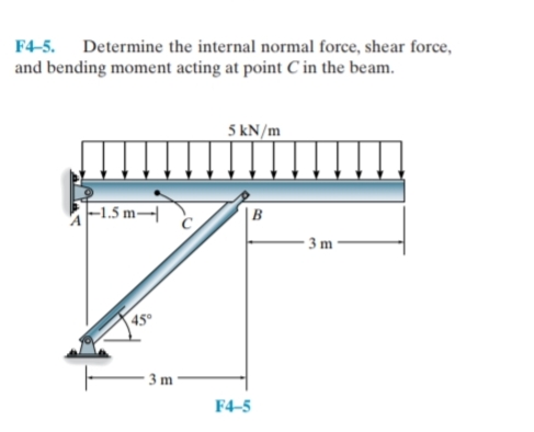 F4-5. Determine the internal normal force, shear force,
and bending moment acting at point C in the beam.
5 kN/m
|-1.5 m–|
|B
- 3 m ·
45°
3 m
F4-5
