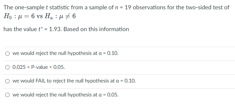 The one-sample t statistic from a sample of n = 19 observations for the two-sided test of
Ho : u = 6 vs H. : µ # 6
has the value t* = 1.93. Based on this information
we would reject the null hypothesis at a = 0.10.
O 0.025 < P-value < 0.05.
O we would FAIL to reject the null hypothesis at a = 0.10.
O we would reject the null hypothesis at a = 0.05.

