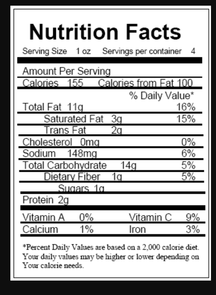 Nutrition Facts
Serving Size 1 oz Servings per container 4
Amount Per Serving
Calories 155
Total Fat 11g
Saturated Fat 3g
Trans Fat
Calories from Fat 100
% Daily Value*
16%
15%
2g
Cholesterol 0mg
Sodium 148mg
Total Carbohydrate 14g
Dietary Fiber 1g
Sugars 1a
0%
6%
5%
5%
Protein 2g
Vitamin A
Calcium
Vitamin C 9%
0%
1%
Iron
3%
*Percent Daily Values are based on a 2,000 calorie diet.
Your daily values may be higher or lower depending on
Your calorie needs.

