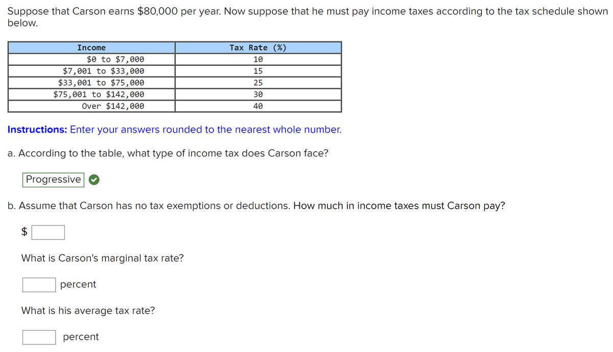Suppose that Carson earns $80,000 per year. Now suppose that he must pay income taxes according to the tax schedule shown
below.
Income
Tax Rate (%)
$0 to $7,000
10
$7,001 to $33,000
15
$33,001 to $75,000
25
$75,001 to $142,000
Over $142,000
30
40
Instructions: Enter your answers rounded to the nearest whole number.
a. According to the table, what type of income tax does Carson face?
Progressive
b. Assume that Carson has no tax exemptions or deductions. How much in income taxes must Carson pay?
What is Carson's marginal tax rate?
percent
What is his average tax rate?
percent
