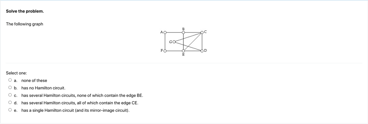 Solve the problem.
The following graph
Select one:
none of these
b. has no Hamilton circuit.
C.
has several Hamilton circuits, none of which contain the edge BE.
d. has several Hamilton circuits, all of which contain the edge CE.
has a single Hamilton circuit (and its mirror-image circuit).
a.
e.
AO
F
GO
B
E