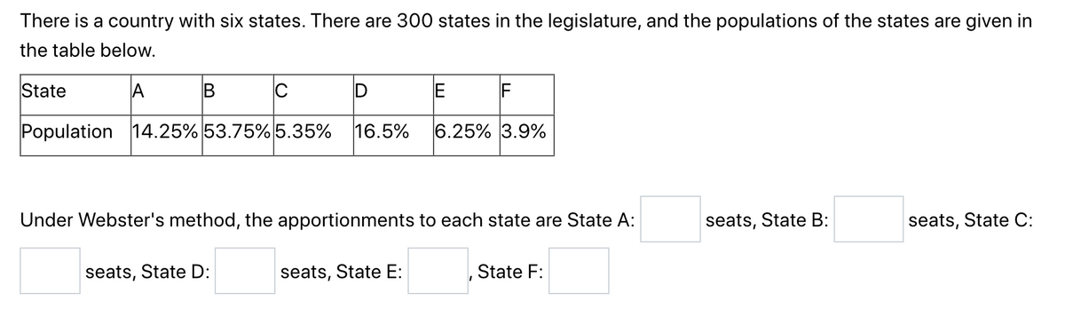 There is a country with six states. There are 300 states in the legislature, and the populations of the states are given in
the table below.
State
A
B
C
E
F
Population 14.25% 53.75% 5.35% 16.5% 6.25% 3.9%
Under Webster's method, the apportionments to each state are State A:
seats, State B:
seats, State C:
seats, State D:
seats, State E:
State F: