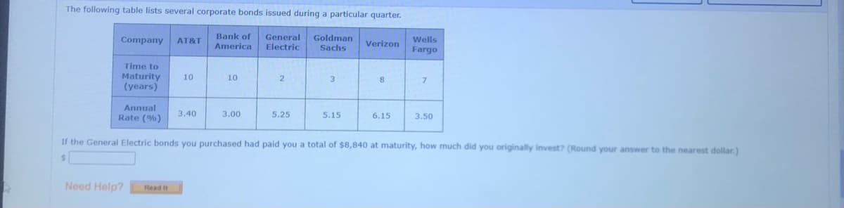 The following table lists several corporate bonds issued during a particular quarter.
Bank of
America
General
Electric
Goldman
Company
AT&T
Verizon
Wells
Sachs
Fargo
Time to
Maturity
(years)
10
10
2
3
Annual
Rate (%)
3.40
3.00
5.25
5.15
6.15
3.50
If the General Electric bonds you purchased had paid you a total of $8,840 at maturity, how much did you originally invest? (Round your answer to the nearest dollar.)
Need Help?
Read It
