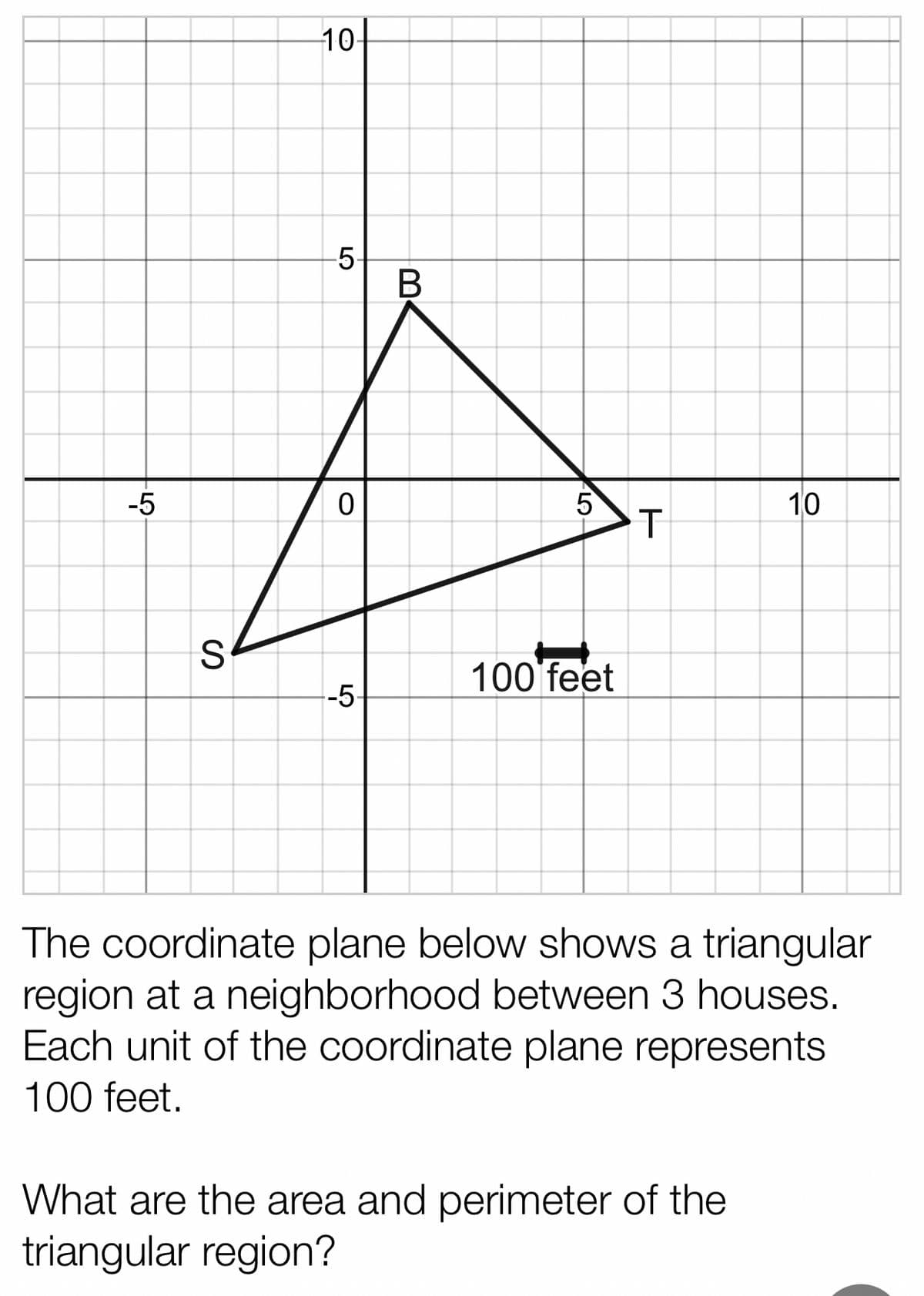 10-
-5
-5
B
0
10
S
100 feet
-5
The coordinate plane below shows a triangular
region at a neighborhood between 3 houses.
Each unit of the coordinate plane represents
100 feet.
What are the area and perimeter of the
triangular region?
LO
5
T