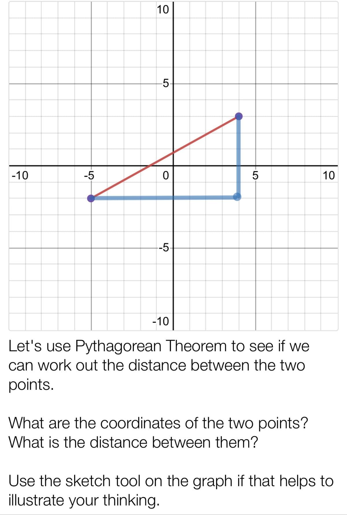 5-
-10
-5
10
-5
-10
Let's use Pythagorean Theorem to see if we
can work out the distance between the two
points.
What are the coordinates of the two points?
What is the distance between them?
Use the sketch tool on the graph if that helps to
illustrate your thinking.
10
LO
