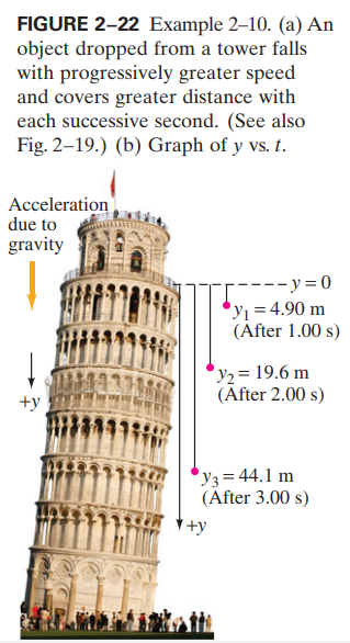 FIGURE 2-22 Example 2–10. (a) An
object dropped from a tower falls
with progressively greater speed
and covers greater distance with
each successive second. (See also
Fig. 2–19.) (b) Graph of y vs. t.
Acceleration
due to
gravity
---y=0
y1 = 4.90 m
(After 1.00 s)
y2= 19.6 m
(After 2.00 s)
+y
y3= 44.1 m
(After 3.00 s)
富++y
