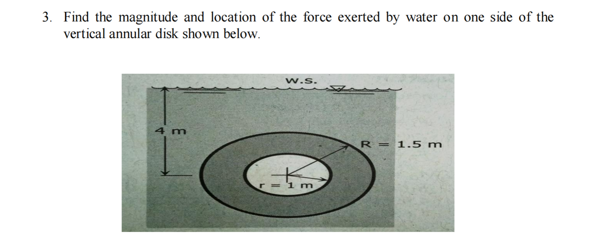 3. Find the magnitude and location of the force exerted by water on one side of the
vertical annular disk shown below.
w.S.
4 m
R = 1.5 m
r = 1 m
