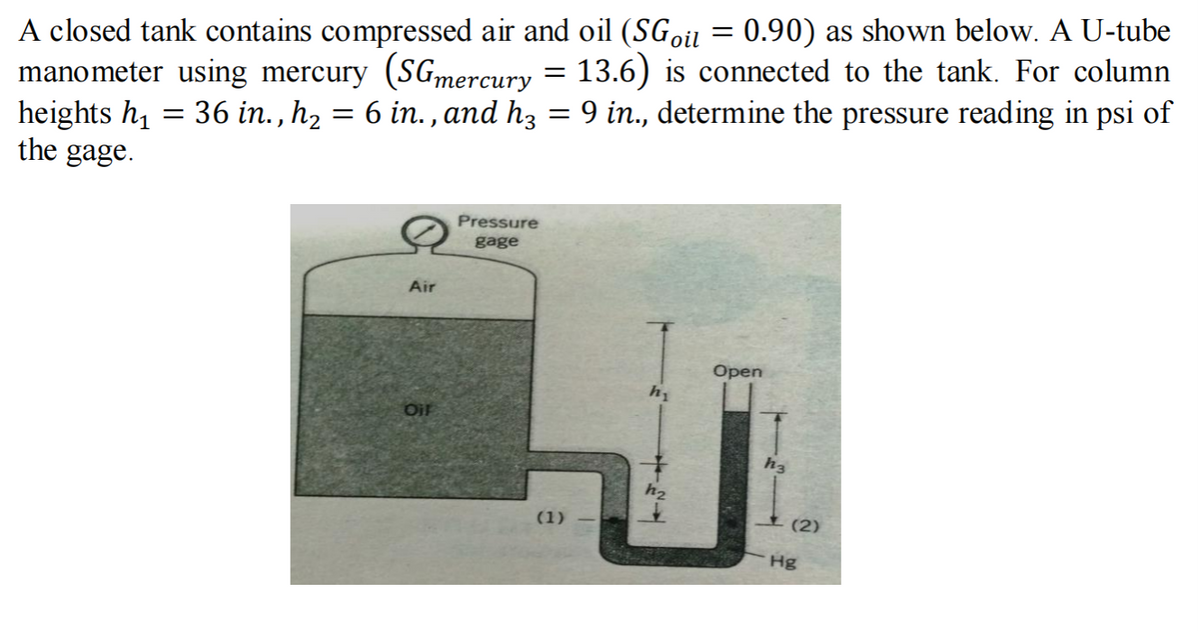 A closed tank contains compressed air and oil (SGoil = 0.90) as shown below. A U-tube
manometer using mercury (SGmercury
heights h, = 36 in., h2 = 6 in., and hz = 9 in., determine the pressure reading in psi of
the gage.
13.6) is connected to the tank. For column
Pressure
gage
Air
Open
Oir
h3
h2
(1)
(2)
Hg
