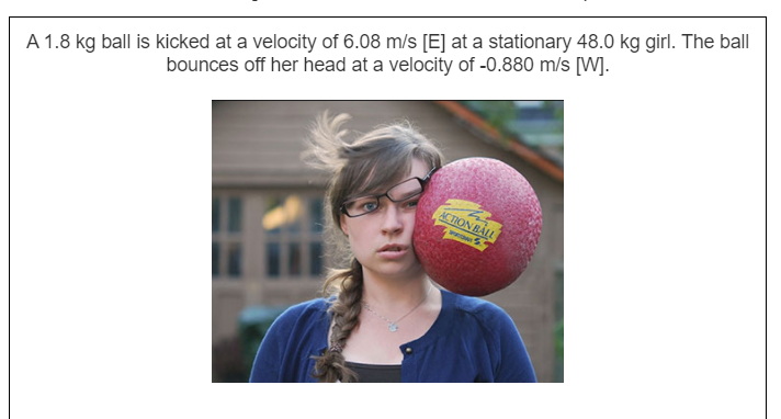 A 1.8 kg ball is kicked at a velocity of 6.08 m/s [E] at a stationary 48.0 kg girl. The ball
bounces off her head at a velocity of -0.880 m/s [W].
ACTION BÁLL
