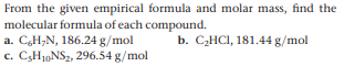 From the given empirical formula and molar mass, find the
molecular formula of each compound.
a. CH,N, 186.24 g/mol
c. CSH10NS2, 296.54 g/mol
b. C,HCI, 181.44 g/mol
