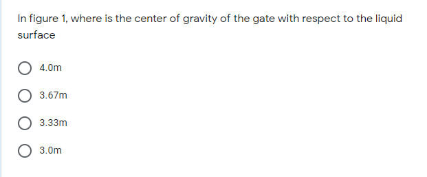 In figure 1, where is the center of gravity of the gate with respect to the liquid
surface
4.0m
3.67m
3.33m
3.0m
