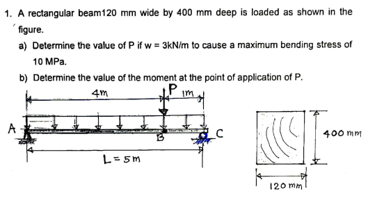1. A rectangular beam120 mm wide by 400 mm deep is loaded as shown in the
figure.
a) Determine the value of P if w = 3kN/m to cause a maximum bending stress of
10 MPa.
b) Determine the value of the moment at the point of application of P.
4m
A
400 mm
L= 5m
120 mm
