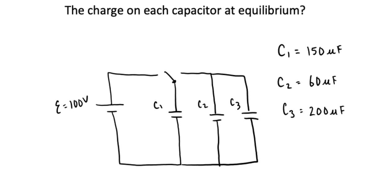 The charge on each capacitor at equilibrium?
C, = 150 uF
C2 - 60UF
E - 100V
Cz
C3:200MF
