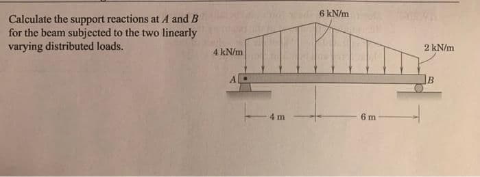 6 kN/m
Calculate the support reactions at A and B
for the beam subjected to the two linearly
varying distributed loads.
2 kN/m
4 kN/m
4m
6 m
