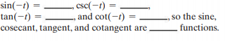 sin(-t)
tan(-t) =
cosecant, tangent, and cotangent are
, csc(-t) =
, and cot(-1) =
%3D
%3D
so the sine,
functions.
