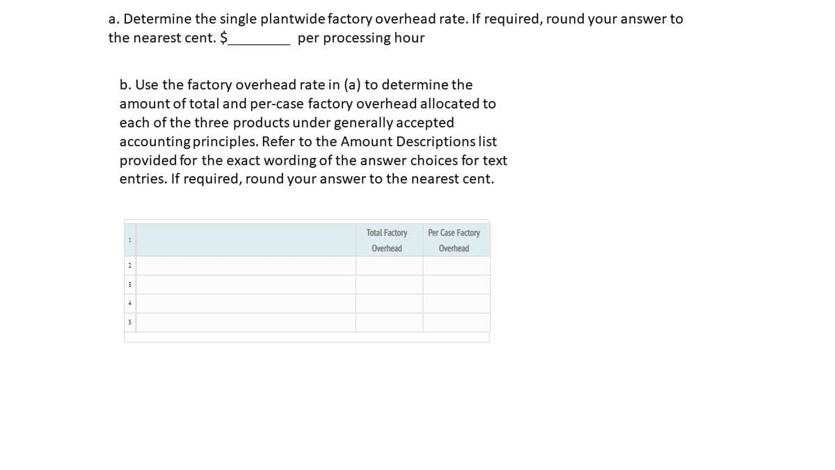 a. Determine the single plantwide factory overhead rate. If required, round your answer to
the nearest cent. $
per processing hour
b. Use the factory overhead rate in (a) to determine the
amount of total and per-case factory overhead allocated to
each of the three products under generally accepted
accounting principles. Refer to the Amount Descriptions list
provided for the exact wording of the answer choices for text
entries. If required, round your answer to the nearest cent.
Total Factory
Per Case Factory
1
Overhead
Overhead
2
5
