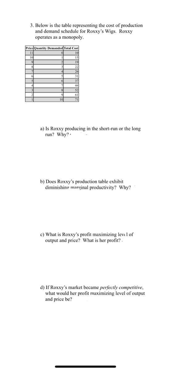 3. Below is the table representing the cost of production
and demand schedule for Roxxy's Wigs. Roxxy
operates as a monopoly.
Price Quantity Demanded Total Cost
10
15
11
10
19
22
26
31
6
37
44
8
52
61
10
a) Is Roxxy producing in the short-run or the long
run? Why? ·
b) Does Roxxy's production table exhibit
diminishing marginal productivity? Why?
c) What is Roxxy's profit maximizing leve 1 of
output and price? What is her profit? .
d) If Roxxy's market became perfectly competitive,
what would her profit maximizing level of output
and price be?
