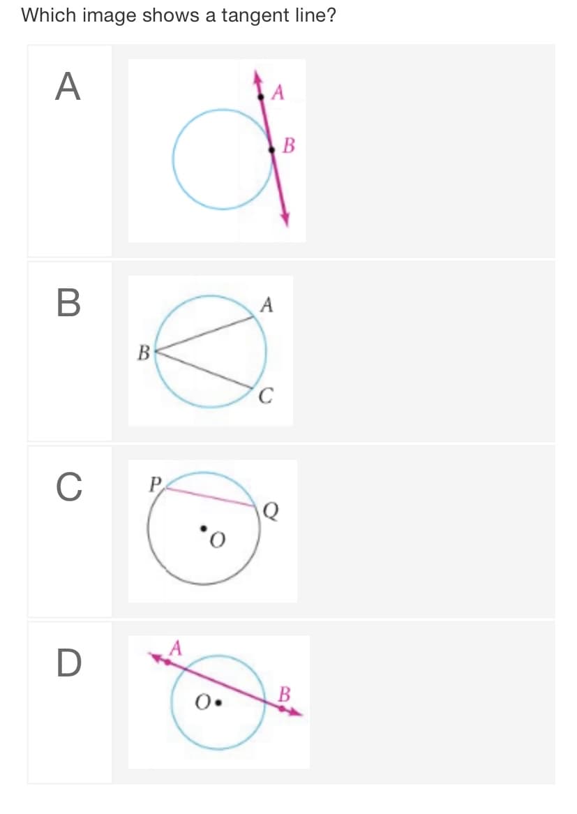 Which image shows a tangent line?
A
A
В
В
A
B
C
P
D
B
