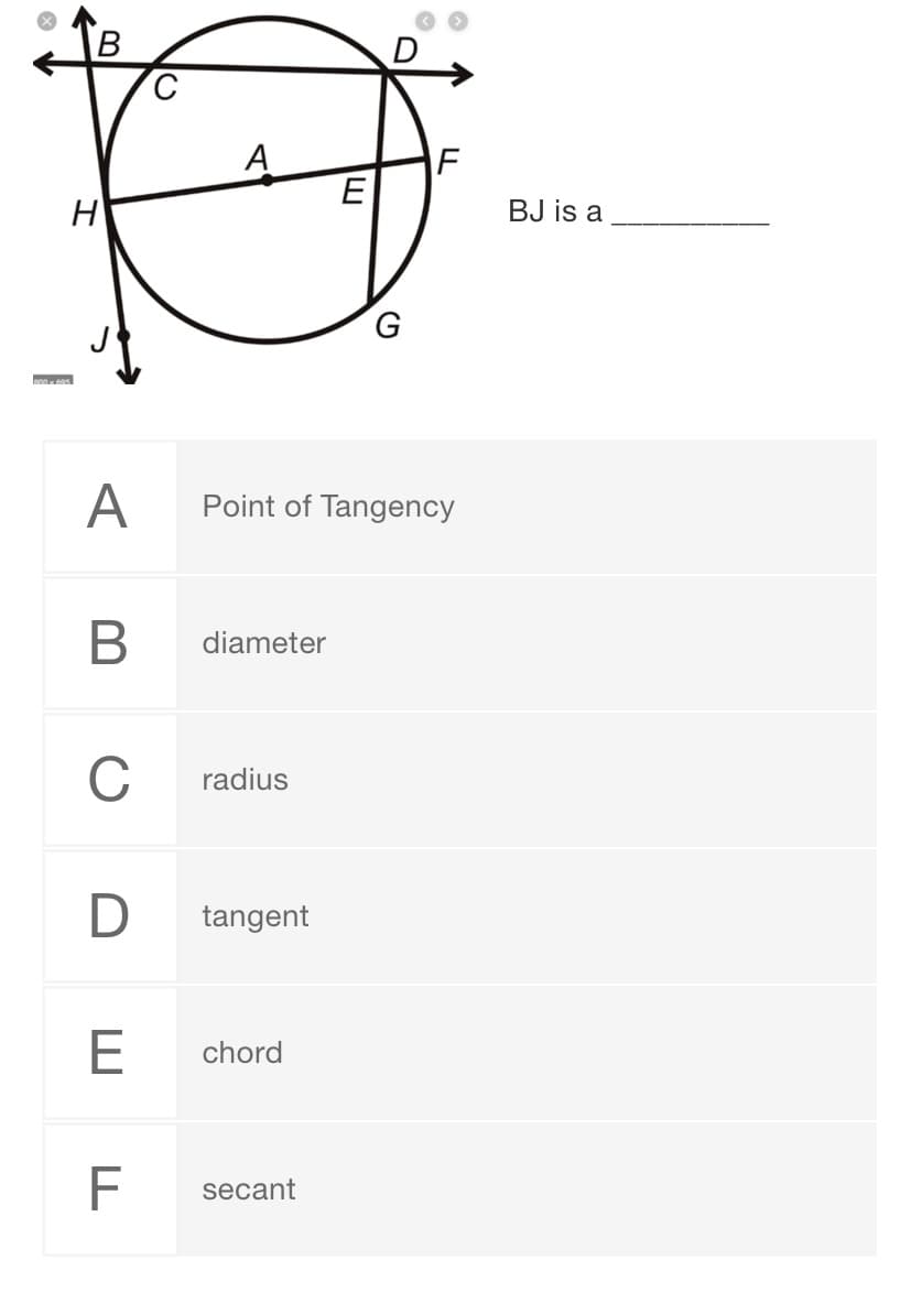 BJ is a
A
Point of Tangency
B
diameter
C
radius
D
tangent
E
chord
secant
