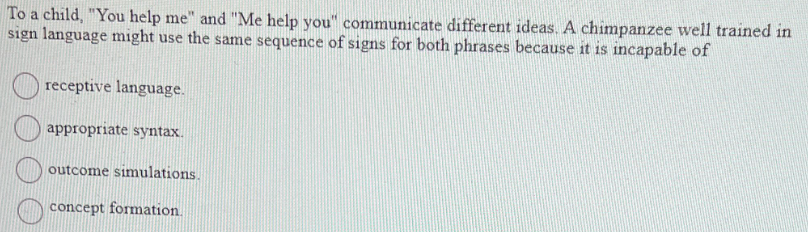 To a child, "You help me" and "Me help you" communicate different ideas. A chimpanzee well trained in
sign language might use the same sequence of signs for both phrases because it is incapable of
receptive language.
appropriate syntax.
outcome simulations.
concept formation.