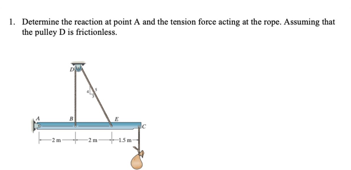 1. Determine the reaction at point A and the tension force acting at the rope. Assuming that
the pulley D is frictionless.
-2 m
B
-2 m
E
-1.5 m-
C