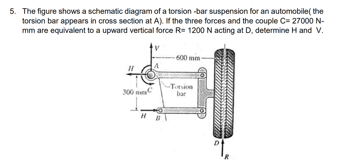 5. The figure shows a schematic diagram of a torsion -bar suspension for an automobile( the
torsion bar appears in cross section at A). If the three forces and the couple C= 27000 N-
mm are equivalent to a upward vertical force R= 1200 N acting at D, determine H and V.
V
600 mm-
300 mmC
-Torsion
bar
H
B
D
