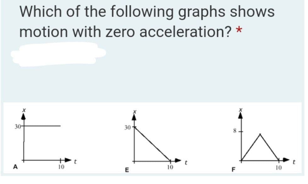 Which of the following graphs shows
motion with zero acceleration? *
A
X
30-
10
10
t
30-
E
10
8
F
10
t