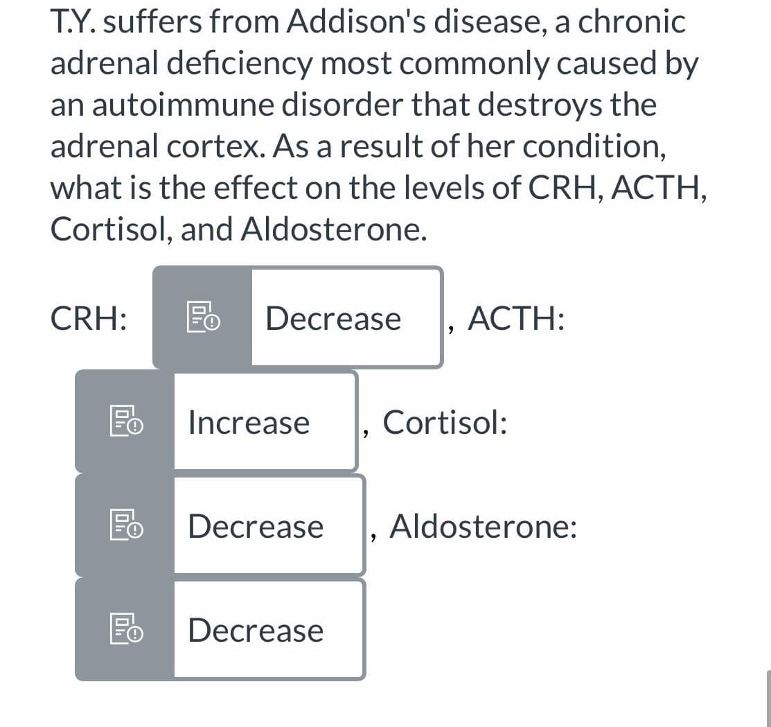 T.Y. suffers from Addison's disease, a chronic
adrenal deficiency most commonly caused by
an autoimmune disorder that destroys the
adrenal cortex. As a result of her condition,
what is the effect on the levels of CRH, ACTH,
Cortisol, and Aldosterone.
CRH:
Decrease
АСТH:
Fo
Increase
Cortisol:
Decrease
Aldosterone:
Fo
Decrease
