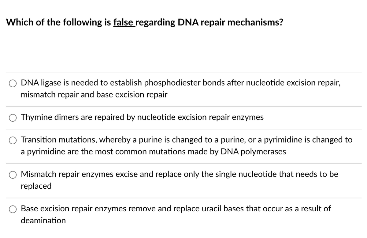 Which of the following is false regarding DNA repair mechanisms?
DNA ligase is needed to establish phosphodiester bonds after nucleotide excision repair,
mismatch repair and base excision repair
Thymine dimers are repaired by nucleotide excision repair enzymes
Transition mutations, whereby a purine is changed to a purine, or a pyrimidine is changed to
a pyrimidine are the most common mutations made by DNA polymerases
Mismatch repair enzymes excise and replace only the single nucleotide that needs to be
replaced
Base excision repair enzymes remove and replace uracil bases that occur as a result of
deamination
